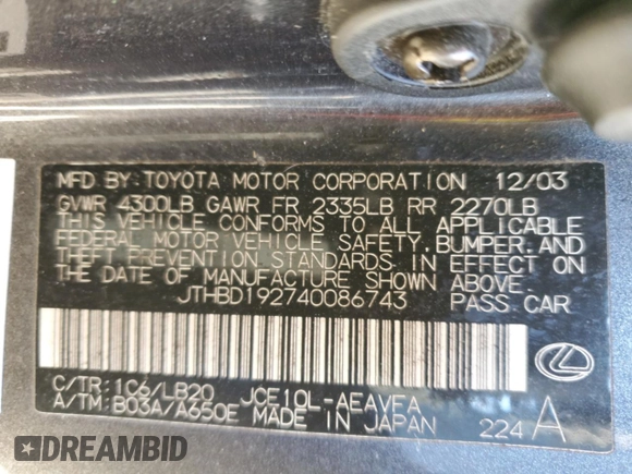2004 Lexus IS 300/350 z VIN JTHBD192740086743, wystawiony jako Copart lot #84852754 z przebiegiem 166 236 mil mil oraz Nie do naprawy • Non repairable. Historia ofert i sprzedaży dostępna na DreamBid. Obrazek 13.