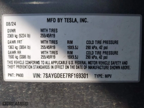 2024 Tesla Model Y Long Range with VIN 7SAYGDEE7RF169301, listed as a IAAI auction lot 41480427 with 10,412 mi miles. Bid and sale history available at carsss.com. Image 9.