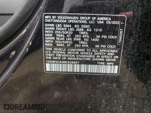 2022 Volkswagen Atlas SE with VIN 1V2HP2CA3NC526867, listed as a Copart auction lot 51321305 with Not provided miles and Non repairable. Bid and sale history available at DreamBid. Image 12.