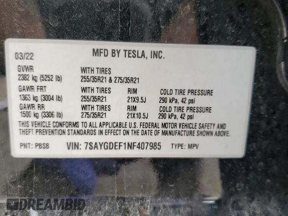 2022 Tesla Model Y Performance with VIN 7SAYGDEF1NF407985, listed as a Copart auction lot 53831325 with 41,225 mi miles and Salvage title. Bid and sale history available at DreamBid. Image 14.