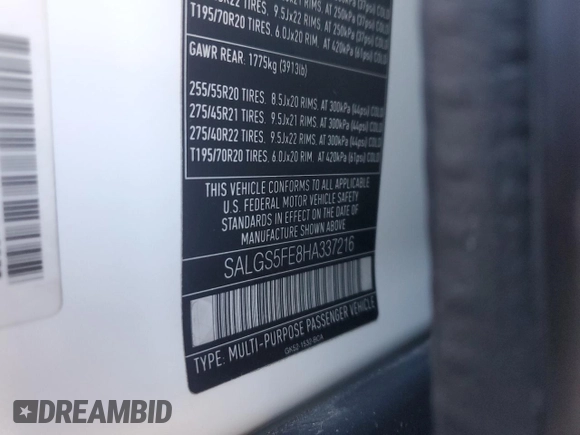 2017 Land Rover Range Rover with VIN SALGS5FE8HA337216, listed as a Copart auction lot 85522694 with 145,269 mi miles and Salvage title. Bid and sale history available at DreamBid. Image 15.