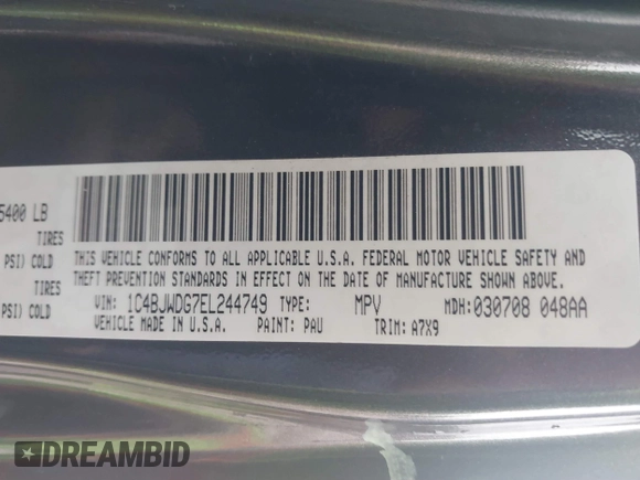 2014 Jeep Wrangler Unlimited Sport with VIN 1C4BJWDG7EL244749, listed as a IAAI auction lot 41871127 with 128,420 mi miles and . Bid and sale history available at DreamBid. Image 9.