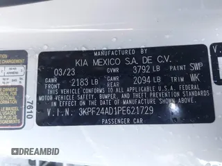 2023 Kia Forte LXS with VIN 3KPF24AD1PE621729, listed as a IAAI auction lot 41554199 with 39,640 mi miles and . Bid and sale history available at DreamBid. Image 9.