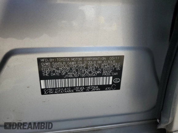 2011 Lexus LS 460 with VIN JTHBL5EF1B5105547, listed as a Copart auction lot 54480235 with 72,073 mi miles and Salvage title. Bid and sale history available at DreamBid. Image 12.