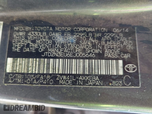 2014 Toyota Prius Two with VIN JTDZN3EU6EJ005646, listed as a IAAI auction lot 42521860 with 218,724 mi miles and . Bid and sale history available at DreamBid. Image 9.
