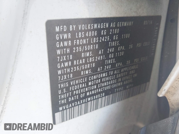 2014 Volkswagen Tiguan SE с VIN WVGAV3AX0EW598528, выставлен на аукционе IAAI как лот 42453851 с пробегом 141 869 миль миль и . История ставок и продаж доступна на DreamBid. Изображение 9.