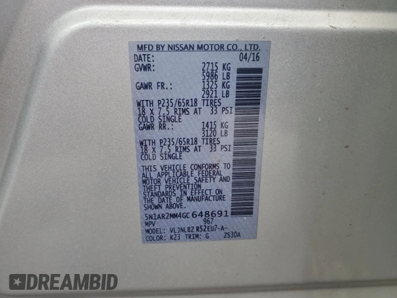 2016 Nissan Pathfinder S with VIN 5N1AR2MM4GC64869, listed as a Copart auction lot 52906705 with 91,118 mi miles and Clean Title. Bid and sale history available at carsss.com. Image 10.