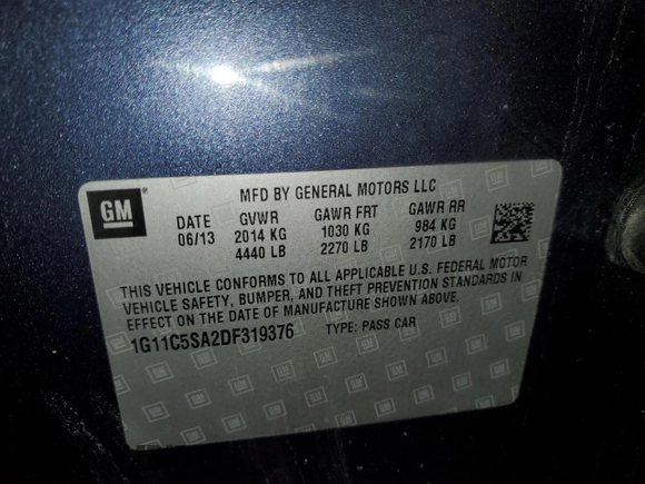 2013 Chevrolet Malibu LT with VIN 1G11C5SA2DF319376, listed as a Copart auction lot 51679385 with 128,434 mi miles and Salvage Title. Bid and sale history available at DreamBid. Image 12.