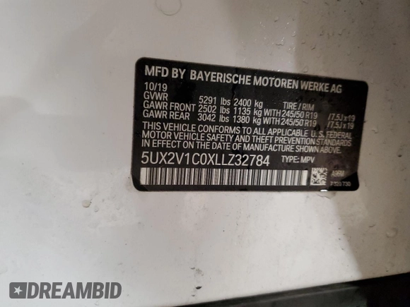2020 BMW X4 xDrive30i with VIN 5UX2V1C0XLLZ32784, listed as a Copart auction lot 83619664 with Not provided miles and Salvage title. Bid and sale history available at DreamBid. Image 12.