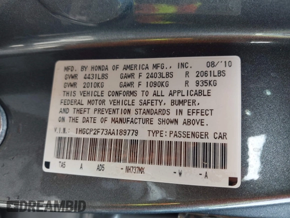 2010 Honda Accord EX z VIN 1HGCP2F73AA189779, wystawiony jako IAAI lot #42027758 z przebiegiem 121 933 mil mil oraz . Historia ofert i sprzedaży dostępna na DreamBid. Obrazek 9.