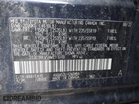 2022 Toyota RAV4 XLE Premium с VIN 2T3C1RFV5NW211019, выставлен на аукционе IAAI как лот 42130420 с пробегом 52 097 миль миль и . История ставок и продаж доступна на DreamBid. Изображение 9.
