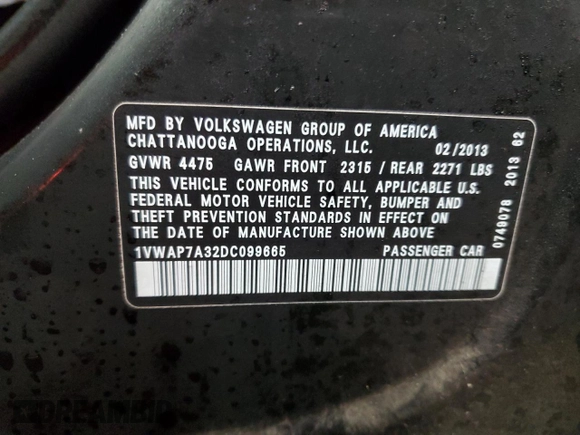 2013 Volkswagen Passat Wolfsburg Edition with VIN 1VWAP7A32DC099665, listed as a Copart auction lot 82558194 with 173,109 mi miles and Salvage Title. Bid and sale history available at carsss.com. Image 14.