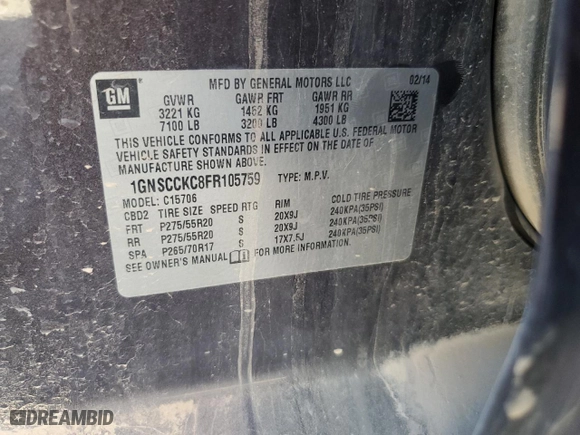2015 Chevrolet Tahoe LTZ with VIN 1GNSCCKC8FR105759, listed as a Copart auction lot 43473465 with 117,922 mi miles and Salvage Title. Bid and sale history available at carsss.com. Image 13.