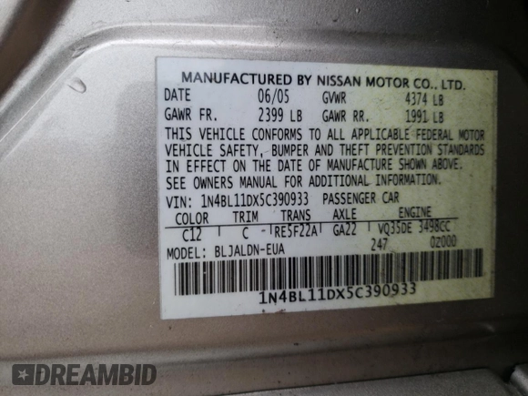 2005 Nissan Altima SL with VIN 1N4BL11DX5C390933, listed as a Copart auction lot 60193315 with 260,100 mi miles and Salvage title. Bid and sale history available at DreamBid. Image 12.