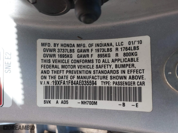 2010 Honda Civic Sdn EX with VIN 19XFA1F84AE035594, listed as a IAAI auction lot 41752445 with 173,264 mi miles. Bid and sale history available at carsss.com. Image 9.