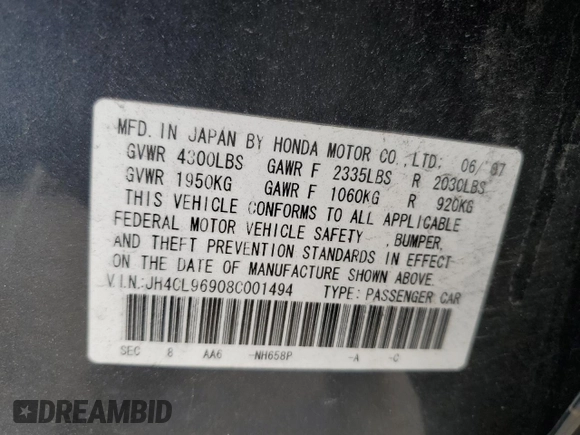 2008 Acura TSX Nav with VIN JH4CL96908C001494, listed as a Copart auction lot 65917784 with 252,555 mi miles and Non Repairable. Bid and sale history available at carsss.com. Image 12.