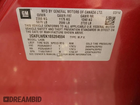 2014 GMC Terrain SLE z VIN 2GKFLWEK1E6284594, wystawiony jako Copart lot #58376005 z przebiegiem 106 079 mil mil oraz Szkoda całkowita • Salvage title. Historia ofert i sprzedaży dostępna na DreamBid. Obrazek 13.