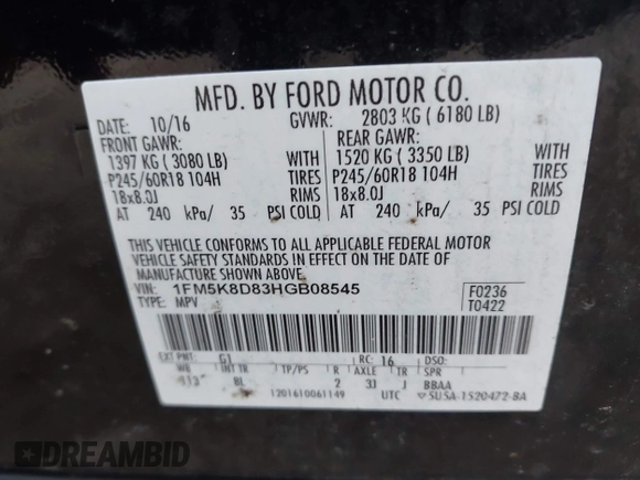2017 Ford Explorer XLT with VIN 1FM5K8D83HGB08545, listed as a IAAI auction lot 42517699 with 153,898 mi miles and . Bid and sale history available at DreamBid. Image 9.