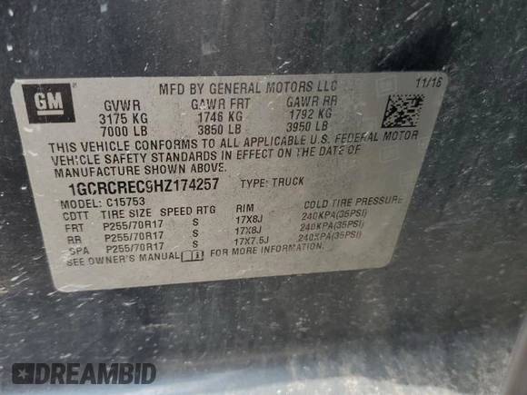 2017 Chevrolet Silverado 1500 LT with VIN 1GCRCREC9HZ174257, listed as a Copart auction lot 53943225 with 395,332 mi miles and Clean Title. Bid and sale history available at DreamBid. Image 12.