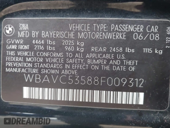 2008 BMW 3 Series 328i with VIN WBAVC53588F009312, listed as a IAAI auction lot 42180567 with 87,939 mi miles and . Bid and sale history available at DreamBid. Image 9.