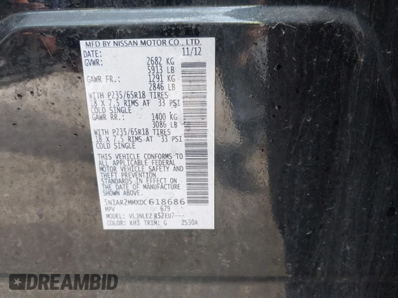 2013 Nissan Pathfinder SL with VIN 5N1AR2MMXDC618686, listed as a IAAI auction lot 42360917 with 180,651 mi miles and . Bid and sale history available at DreamBid. Image 9.