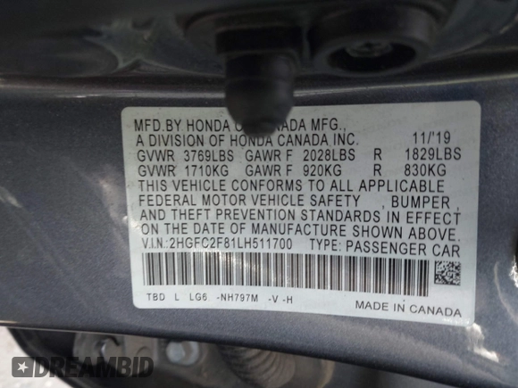2020 Honda Civic Sedan Sport with VIN 2HGFC2F81LH511700, listed as a IAAI auction lot 41876533 with 79,610 mi miles. Bid and sale history available at carsss.com. Image 9.