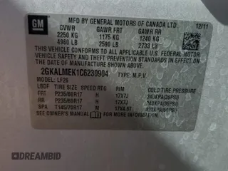 2012 GMC Terrain SLE-1 z VIN 2GKALMEK1C6230904, wystawiony jako Copart lot #56646895 z przebiegiem 123 118 mil mil oraz Szkoda całkowita • Salvage title. Historia ofert i sprzedaży dostępna na DreamBid. Obrazek 13.