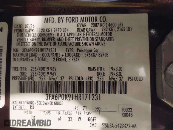 2017 Ford Fusion Titanium with VIN 3FA6P0K91HR171231, listed as a IAAI auction lot 41131312 with 115,265 mi miles. Bid and sale history available at carsss.com. Image 9.