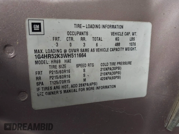 1998 Buick LeSabre Limited with VIN 1G4HR52K3WH511664, listed as a IAAI auction lot 41955496 with 175,913 mi miles and . Bid and sale history available at DreamBid. Image 9.