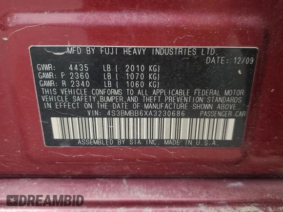 2010 Subaru Legacy Premium with VIN 4S3BMBB6XA3230686, listed as a Copart auction lot 57419855 with 74,408 mi miles and Salvage title. Bid and sale history available at DreamBid. Image 12.