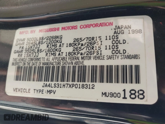 1999 Mitsubishi Montero LS z VIN JA4LS31H7XP018312, wystawiony jako IAAI lot #41827943 z przebiegiem 204 814 mil mil oraz . Historia ofert i sprzedaży dostępna na DreamBid. Obrazek 9.