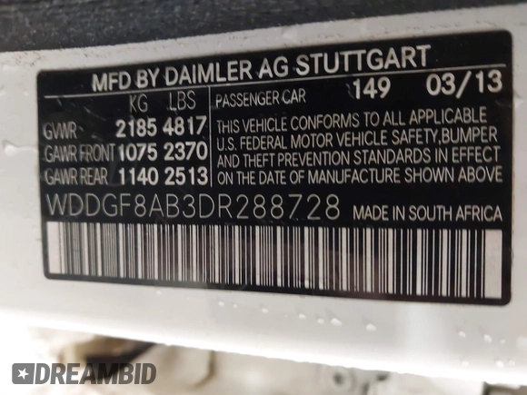 2013 Mercedes-Benz C 300 Sport with VIN WDDGF8AB3DR288728, listed as a IAAI auction lot 42242764 with 66,921 mi miles and . Bid and sale history available at DreamBid. Image 9.