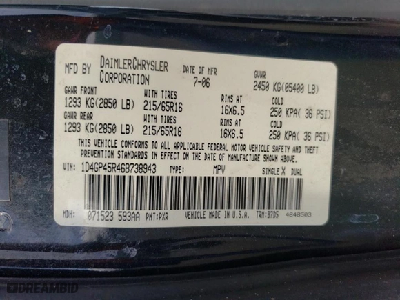 2006 Dodge Caravan SXT with VIN 1D4GP45R46B738943, listed as a Copart auction lot 70921874 with 0 mi miles and Salvage Title. Bid and sale history available at carsss.com. Image 13.
