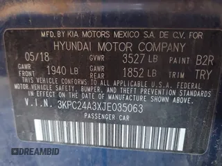 2018 Hyundai Accent SE with VIN 3KPC24A3XJE035063, listed as a IAAI auction lot 41885323 with 93,934 mi miles. Bid and sale history available at carsss.com. Image 9.