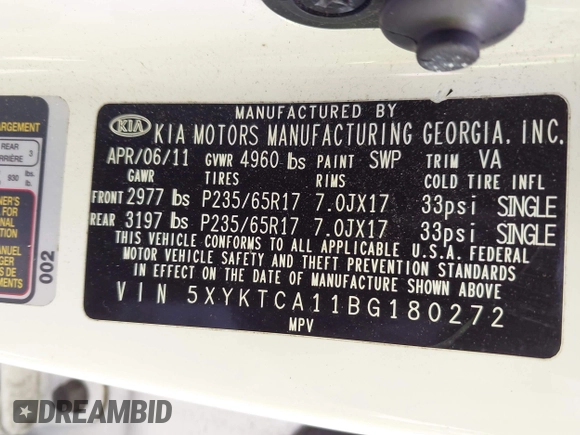2011 Kia Sorento LX with VIN 5XYKTCA11BG180272, listed as a IAAI auction lot 42125073 with 137,156 mi miles and . Bid and sale history available at DreamBid. Image 9.