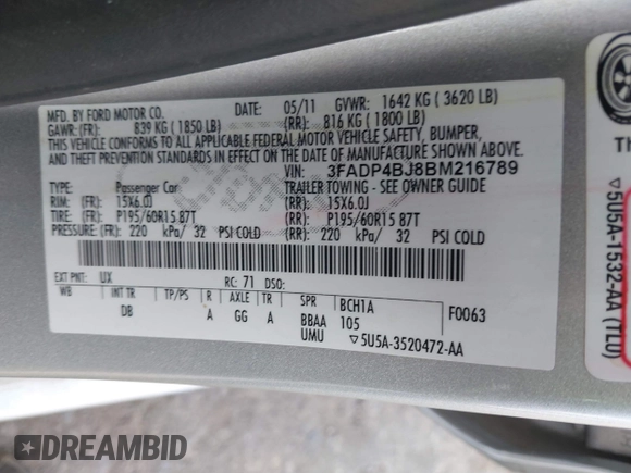 2011 Ford Fiesta SE with VIN 3FADP4BJ8BM216789, listed as a IAAI auction lot 41843080 with 95,424 mi miles. Bid and sale history available at carsss.com. Image 9.