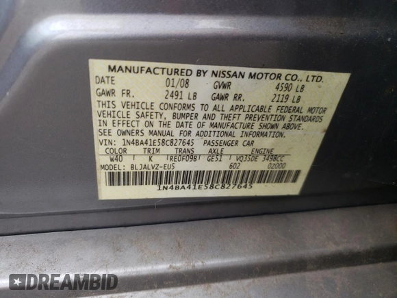 2008 Nissan Maxima 3.5 SE with VIN 1N4BA41E58C827645, listed as a Copart auction lot 74666844 with 146,742 mi miles and Salvage Title. Bid and sale history available at carsss.com. Image 14.