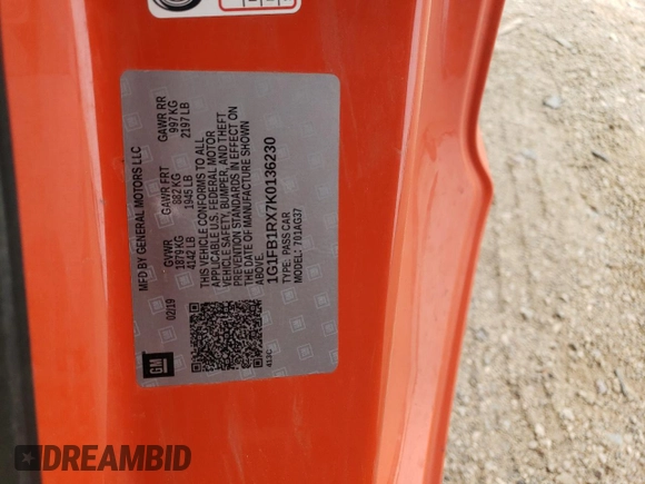 2019 Chevrolet Camaro 1LS with VIN 1G1FB1RX7K0136230, listed as a Copart auction lot 49166925 with 105,562 mi miles and Salvage title. Bid and sale history available at DreamBid. Image 12.