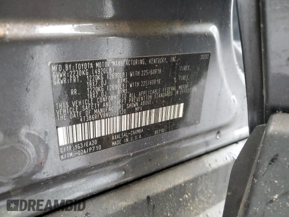 2022 Toyota RAV4 Hybrid XLE Premium with VIN 4T3B6RFV8NU073120, listed as a Copart auction lot 58131935 with 37,198 mi miles and Salvage title. Bid and sale history available at DreamBid. Image 12.