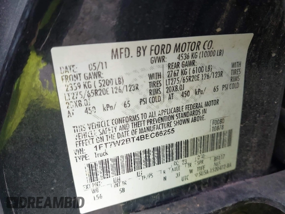 2011 Ford F-250 XL with VIN 1FT7W2BT4BEC66255, listed as a IAAI auction lot 42510059 with 222,662 mi miles and . Bid and sale history available at DreamBid. Image 9.
