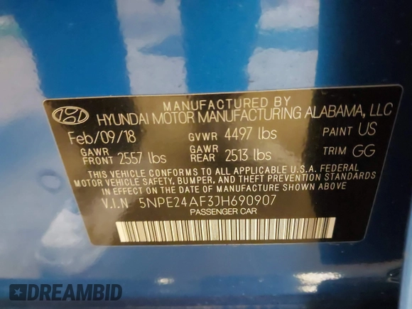 2018 Hyundai Sonata SE with VIN 5NPE24AF3JH690907, listed as a IAAI auction lot 41240554 with 35,457 mi miles and . Bid and sale history available at DreamBid. Image 9.