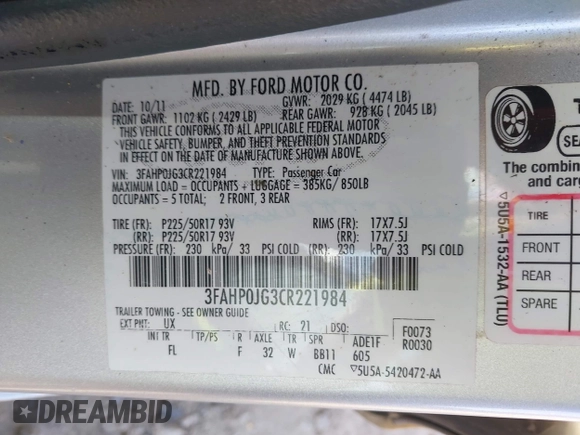 2012 Ford Fusion SEL with VIN 3FAHP0JG3CR221984, listed as a IAAI auction lot 41970437 with 142,264 mi miles. Bid and sale history available at carsss.com. Image 9.