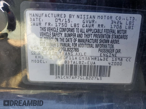 2016 Nissan Versa SV z VIN 3N1CN7AP7GL822765, wystawiony jako Copart lot #76109863 z przebiegiem 118 217 mil mil oraz Szkoda całkowita • Salvage title. Historia ofert i sprzedaży dostępna na DreamBid. Obrazek 12.