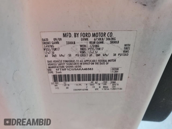 2010 Ford F-150 XL with VIN 1FTMF1CW9AKA46583, listed as a Copart auction lot 82079614 with 118,374 mi miles and Clean title. Bid and sale history available at DreamBid. Image 12.