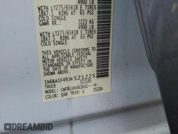 2018 Nissan Titan Platinum Reserve with VIN 1N6BA1F49JN521225, listed as a Copart auction lot 69831004 with 92,536 mi miles and Salvage title. Bid and sale history available at DreamBid. Image 15.