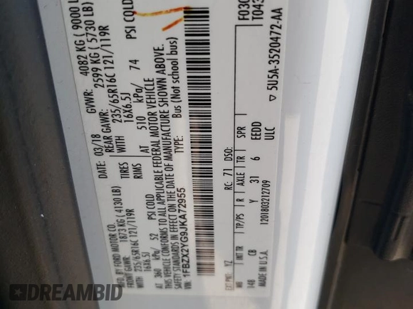 2018 Ford Transit Passenger XL with VIN 1FBZX2YG9JKA72955, listed as a Copart auction lot 59350194 with 151,401 mi miles and Salvage title. Bid and sale history available at DreamBid. Image 14.