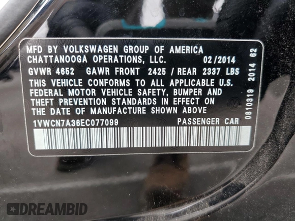 2014 Volkswagen Passat SEL Premium z VIN 1VWCN7A36EC077099, wystawiony jako Copart lot #58440905 z przebiegiem 144 462 mil mil oraz Szkoda całkowita • Salvage title. Historia ofert i sprzedaży dostępna na DreamBid. Obrazek 12.