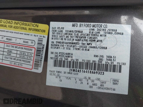 2005 Ford Freestar SE z VIN 2FMDA51645BA69323, wystawiony jako IAAI lot #40399931 z przebiegiem Nie podano mil oraz . Historia ofert i sprzedaży dostępna na DreamBid. Obrazek 9.