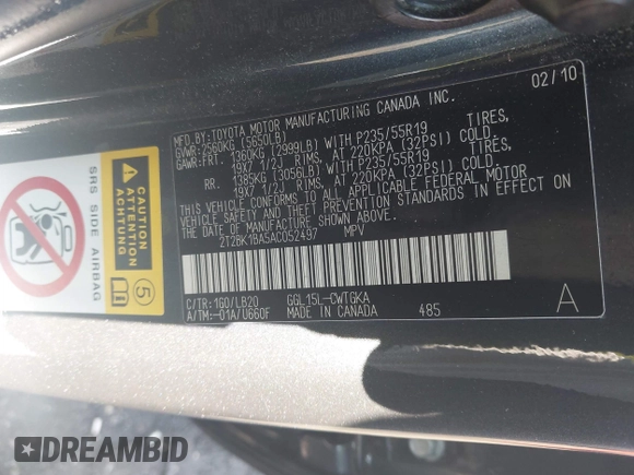 2010 Lexus RX 350 with VIN 2T2BK1BA5AC052497, listed as a IAAI auction lot 42554088 with 289,008 mi miles and . Bid and sale history available at DreamBid. Image 9.