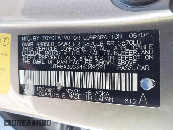 2004 Lexus ES 350 with VIN JTHBA30G345049091, listed as a IAAI auction lot 41819423 with Not provided miles and . Bid and sale history available at DreamBid. Image 9.